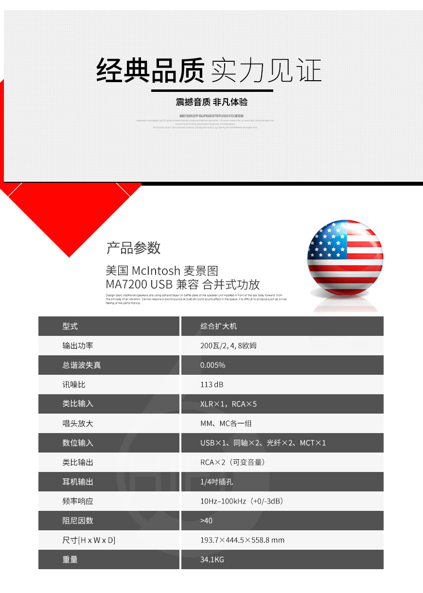 美國,McIntosh 麥景圖,McIntosh,麥景圖,MA7200,USB兼容,合并式功放,合并機,功放